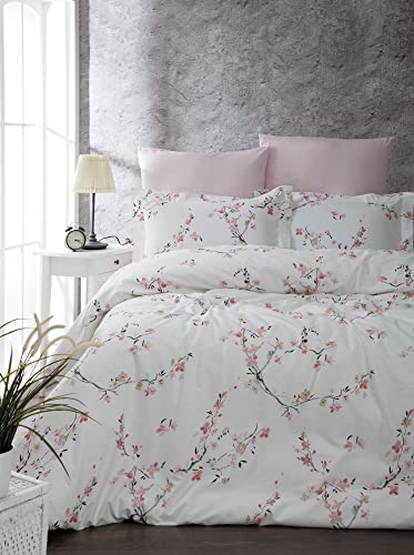Nuit Des Rêves Ranforce King Quilt Cover Set (200 x 220 cm), 100% Cotton, White & Salmon, 2 Pillowcases (80 x 80 cm), Machine Washable, Elegant Design with Button Closure von Nuit Des Rêves