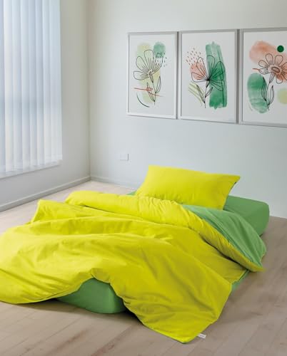 Nuit Des Rêves Ranforce Single Quilt Cover Set (135 x 200 cm), 100% Cotton, Yellow & Green, Reactive Printing, Machine Washable, Envelope & Button Closure | Cozy & Stylish Bedding von Nuit Des Rêves
