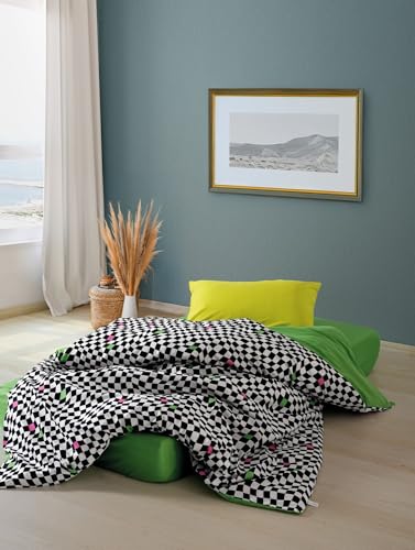 Nuit Des Rêves Ranforce Single Quilt Cover Set (135x200 cm), 100% Cotton, Green/White/Black | Reactive Printing, Machine Washable, Envelope & Button Closure | Stylish & Comfortable Bedding von Nuit Des Rêves