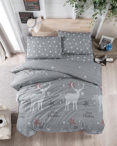 Nuit Des Rêves Ranforce Single XL Quilt Cover Set, 100% Cotton, 155 x 200 cm, Grey/White/Red | 142 Thread Count, Button Closure, Machine Washable at 30°C | Stylish & Comfortable Bedding von Nuit Des Rêves