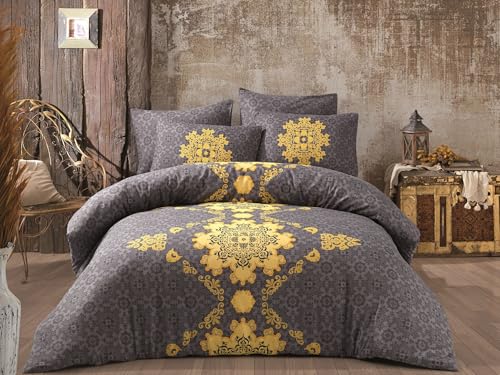 Nuit Des Rêves Ranforce Single XL Quilt Cover Set, 100% Cotton, 155 x 200 cm, Grey & Yellow | Machine Washable, 140 Thread Count, Button & Envelope Closure | Cozy & Stylish Bedding von Nuit Des Rêves