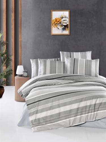 Nuit Des Rêves Ranforce Single XL Quilt Cover Set, 155 x 200 cm, 100% Cotton, Grey & White | Machine Washable, 145 Thread Count, Button & Envelope Closure | Cozy & Stylish Bedding von Nuit Des Rêves