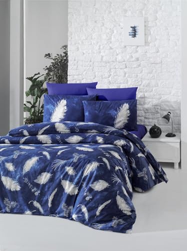 Nuit Des Rêves Ranforce Single XXL Quilt Cover Set, 100% Cotton, 155 x 220 cm, Dark Blue & White | Machine Washable, 145 Thread Count, Button & Envelope Closure von Nuit Des Rêves