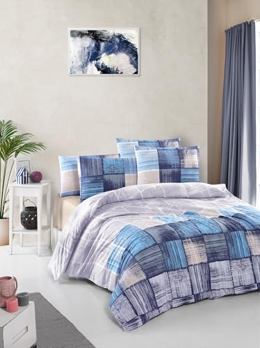 Nuit Des Rêves Ranforce Single XXL Quilt Cover Set (155x220 cm), 100% Cotton, Blue & Beige | Machine Washable, 145 Thread Count, Button Closure | Stylish & Comfortable Bedding von Nuit Des Rêves