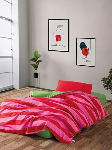 Nuit Des Rêves Ranforce Single XXL Quilt Cover Set (155x220 cm), 100% Cotton, Green & Pink, Reactive Printing | Machine Washable, Envelope & Button Closure | Soft & Stylish Bedding von Nuit Des Rêves