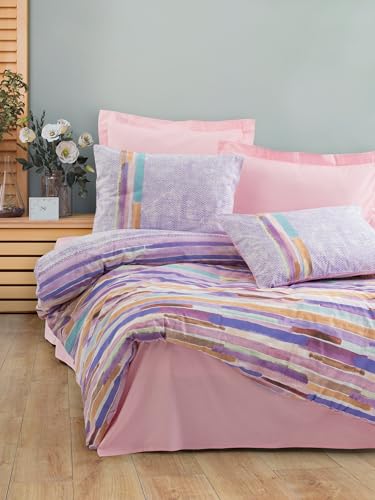 Nuit Des Rêves Ranforce Single XXL Quilt Cover Set (155x220 cm), 100% Cotton, Pink/Purple/Turquoise/Brown | Machine Washable, Button & Envelope Closure | Soft & Stylish Bedding von Nuit Des Rêves
