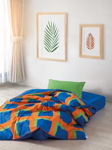 Nuit Des Rêves Ranforce Single XXL Quilt Cover Set (155x220 cm), 100% Cotton, Reactive Print, Blue/Green/Orange | Machine Washable, Button & Envelope Closure | Cozy & Stylish Bedding von Nuit Des Rêves
