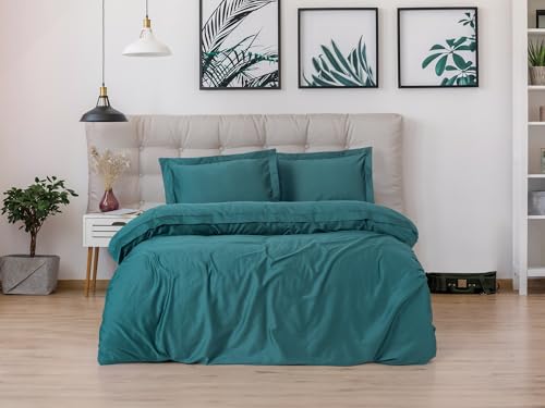 Nuit Des Rêves Satin Double Quilt Cover Set (200x200 cm), Petrol Blue, 100% Cotton Satin | 2 Pillowcases (80x80 cm) | Reactive Print, Machine Washable, Button Closure von Nuit Des Rêves
