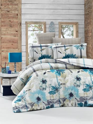 Nuit Des Rêves Single Quilt Cover Set (135 x 200 cm), 65% Cotton/35% Polyester, Blue & Olive Green & Grey | Machine Washable, 127 Thread Count, Button Closure, Twin von Nuit Des Rêves