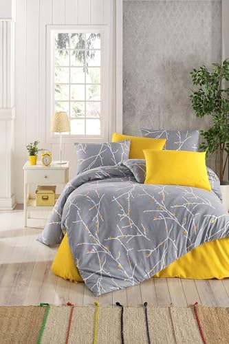 Nuit Des Rêves Stylish Single Quilt Cover Set (135 x 200 cm), Grey & Yellow, 65% Cotton/35% Polyester | Machine Washable, Pigment Printed, Button & Envelope Closure von Nuit Des Rêves