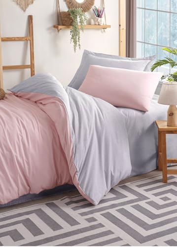 Nuit Des Rêves XXL Quilt Cover Set (155 x 220 cm), 65% Cotton/35% Polyester, Powder & Grey | Machine Washable, 120 Thread Count, Button & Envelope Closure | Cozy & Stylish Bedding von Nuit Des Rêves