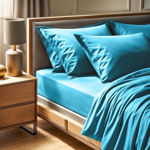 Premium Ranforce Double Fitted Sheet (140 x 190+30 cm) | 100% Cotton, 155 Thread Count, Turquoise | Machine Washable at 30°C | Soft & Durable von Nuit Des Rêves