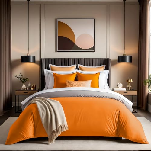 Premium Ranforce Double Quilt Cover (200 x 200 cm), 100% Cotton, Orange | Button Closure, 155 Thread Count | Machine Washable at 30°C, Soft & Durable von Nuit Des Rêves