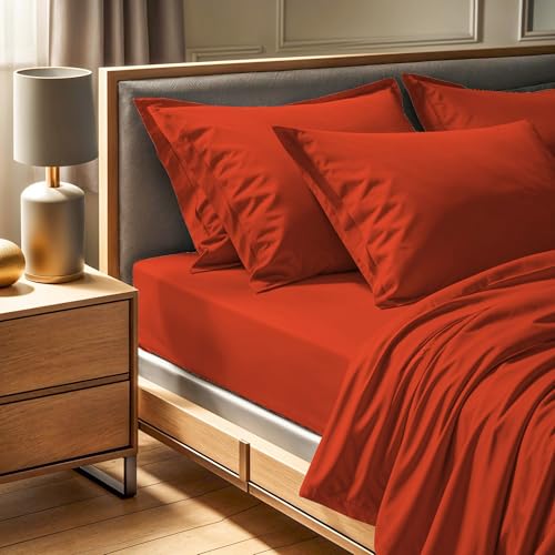 Premium Ranforce Double XL Fitted Sheet (140 x 200+30 cm), Tile Red | 100% Cotton, 145 Thread Count | Machine Washable at 30°C, Soft & Durable von Nuit Des Rêves