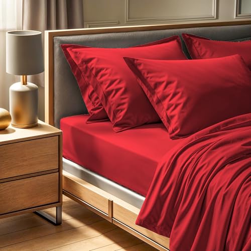 Premium Ranforce Double XL Fitted Sheet (140 x 200+30 cm) | 100% Cotton, 145 Thread Count, Red | Machine Washable at 30°C | Soft & Durable Bedding von Nuit Des Rêves