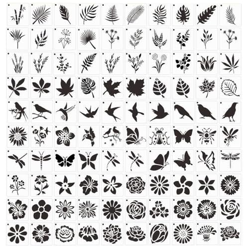 100 Stück DIY Malschablonen Set 5x5cm Wiederverwendbare Blumen & Blätter Vorlagen für Scrapbooking, Holzdekoration & Möbelgestaltung, Kreative Zeichenschablonen mit Naturmotiven (Vögel, Blumen, Blät) 100 Stück DIY Malschablonen Set 5x5cm Wiederverwendbare Blumen & Blätter Vorlagen für Scrapbooking, Holzdekoration & Möbelgestaltung, Kreative Zeichenschablonen mit Naturmotiven (Vögel, Blumen, Blät) von Nujvnuj