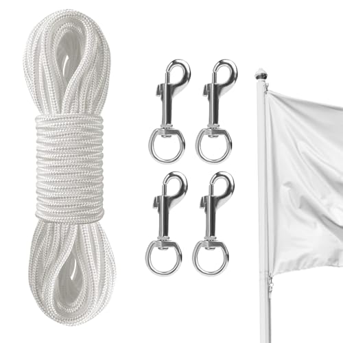 15M Wetterfestes Fahnenseil mit 4 Karabinerhaken – Hochwertiges Flaggenseil aus geflochtenem Nylon (6mm Durchmesser) für Fahnenmast, Segelboot & Camping – Reißfestes Fahnenmast-Zubehör für Außenbereic von Nujvnuj
