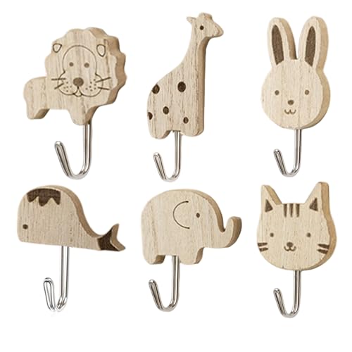 6 Stück Niedliche Tier Kleiderhaken Selbstklebende Holz-Wandhaken (Elefant Katze Löwe mehr)Perfekte Kinder-Garderobe für Schlafzimmer Badezimmer Kinderzimmer (Süße Cartoon-Tier-Deko Kein Bohren nötig) von Nujvnuj