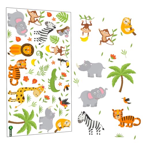 Fensterbilder Kinderzimmer Waldtiere - Wiederverwendbare Fensteraufkleber mit Affe & Löwe, Selbstklebende Fensterdeko für Glas & Spiegel, Lustige Tier-Sticker für Kinderzimmer & Kindergarten von Nujvnuj