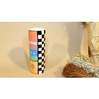 Keramik Handgemachte Bunte Vase, Doppelseitige Halb Bunt, Karierte Handbemalte Innendekoration, Einzigartiges Geschenk von NukaClay