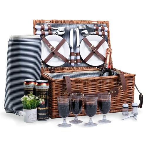 Picknickkorb 4 Personen mit Isolierter Kühlfach, Wasserdichter Picknickdecke und Geschirr-Set, Weidenkorb Picknickkorb, Picknickkoffer, Picknick Set für Camping und Party im Freien von Nukdey