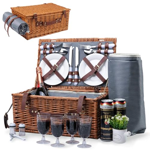 Picknickkorb-Set für 4 Personen, Weidenkorb Picknickkorb mit Isoliertem Kühlfach, Wasserdichter Decke und Besteck-Service-Set, Picknick Set für für Camping, Party im Freien und Familie/Paare Geschenke von Nukdey
