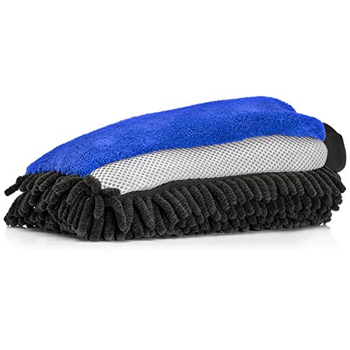 Nuke Guys - 3in1 Mikrofaser Waschhandschuh für die sanfte Autowäsche; Chenille - Insektenmesh - Microfaser (blau) von Nuke Guys