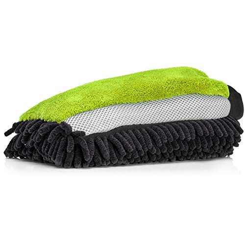 Nuke Guys - 3in1 Mikrofaser Waschhandschuh für die sanfte Autowäsche; Chenille - Insektenmesh - Microfaser (grün) von Nuke Guys