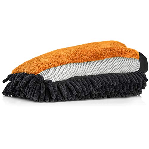 Nuke Guys - 3in1 Mikrofaser Waschhandschuh für die sanfte Autowäsche; Chenille - Insektenmesh - Microfaser (orange) von Nuke Guys