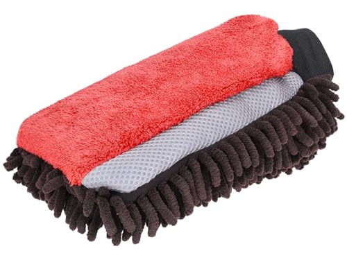 Nuke Guys - 3in1 Mikrofaser Waschhandschuh für die sanfte Autowäsche; Chenille - Insektenmesh - Microfaser (rot) von Nuke Guys