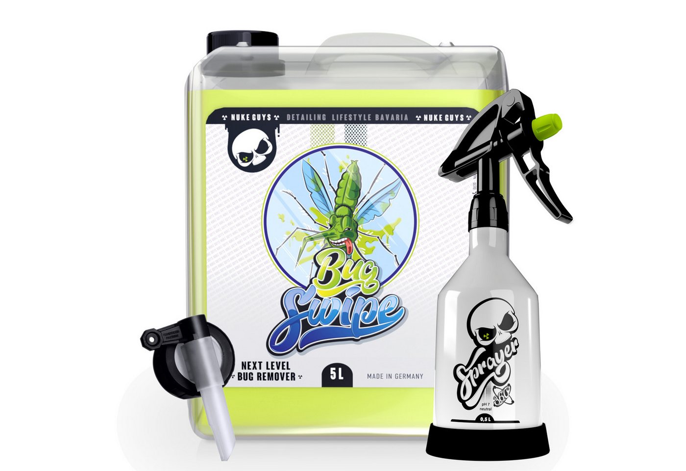 Nuke Guys Auto Insektenentferner 5 Liter Kanister - Bug Swipe Insektenentferner (Set, [3-St. Insektenentferner 5 Liter Kanister mit Dosierer und Sprühflasche - Sprühflasche - Ausgießhahn) von Nuke Guys