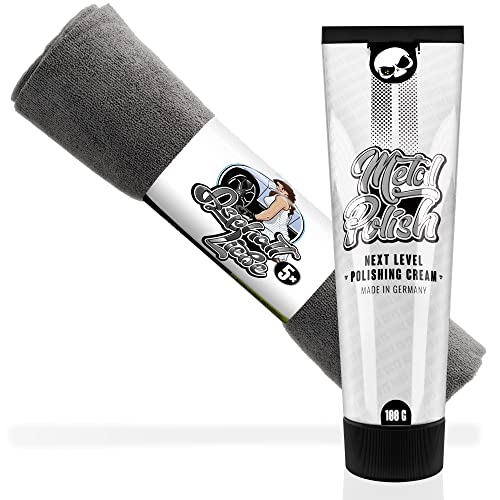 Nuke Guys METAL POLISH - Metallpolitur - 100 Gramm - für alle metallischen Oberflächen - Intensive Reinigung & Schutz + Nuke Guys Asphaltliebe 5er Pack Mikrofasertücher von Nuke Guys