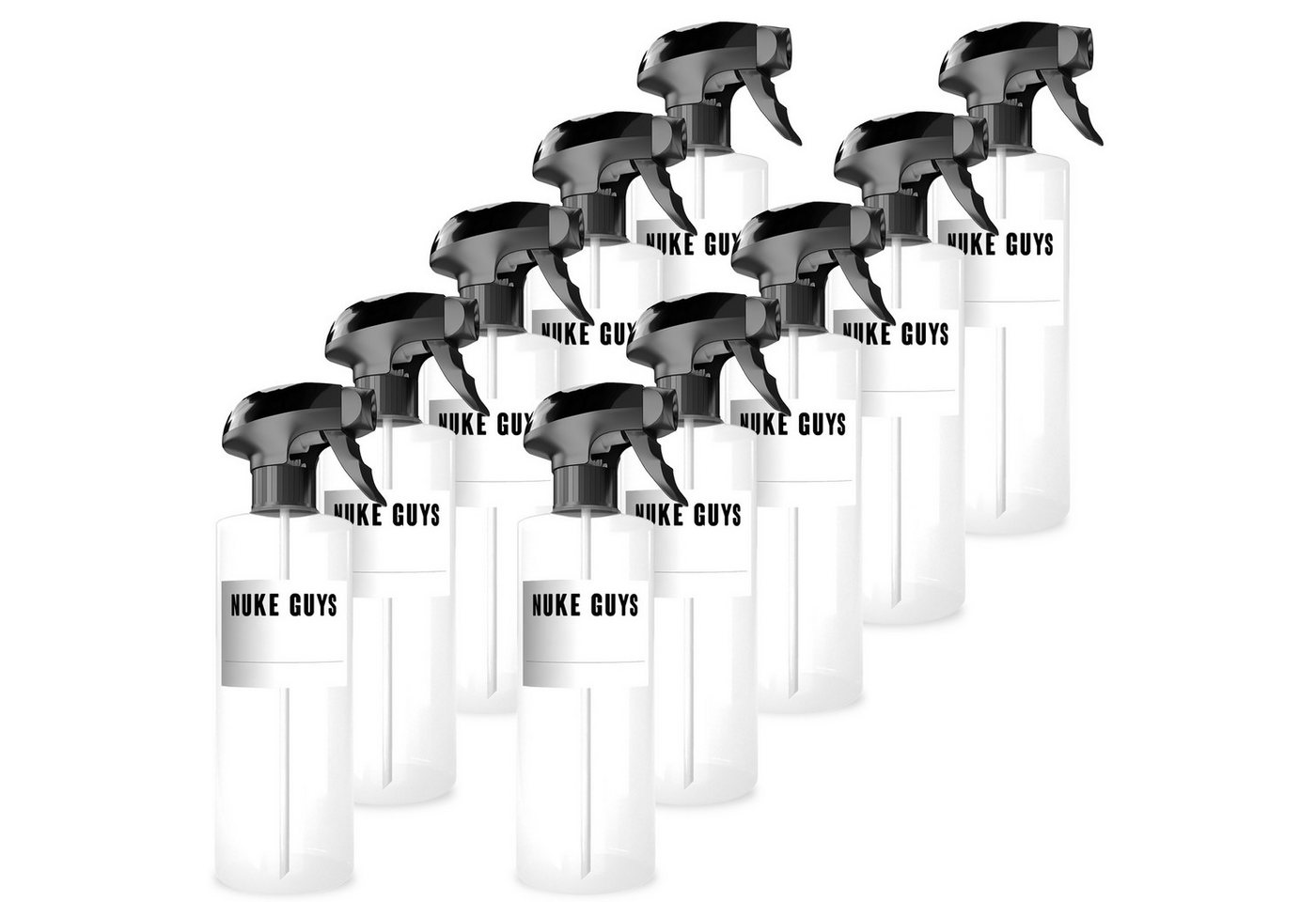Nuke Guys Sprühflasche Leerflasche je 500ml mit Sprühkopf, Transparent - Kunststoff + Etikett, (10-tlg), Chemiebeständig, PET Kunststoff, Ergonomisches Design von Nuke Guys