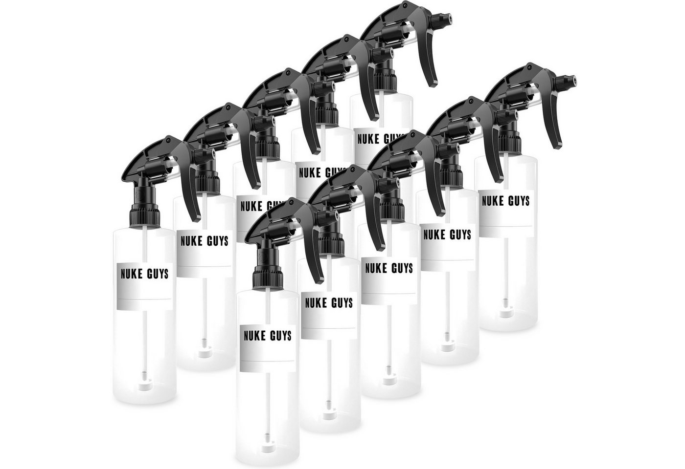 Nuke Guys Sprühflasche Leerflasche je 500ml mit Sprühkopf, Transparent - Kunststoff + Etikett, (10-tlg), Chemiebeständig, PET Kunststoff, Ergonomisches Design von Nuke Guys