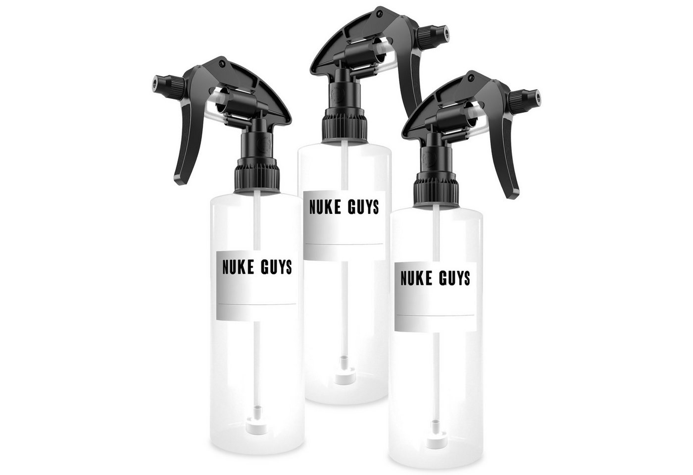 Nuke Guys Sprühflasche Leerflasche je 500ml mit Sprühkopf, Transparent - Kunststoff + Etikett, (3-tlg), Chemiebeständig, PET Kunststoff, Ergonomisches Design von Nuke Guys