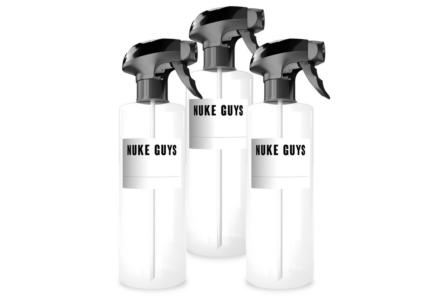 Nuke Guys Sprühflasche Leerflasche je 500ml mit Sprühkopf, Transparent - Kunststoff + Etikett, (3-tlg), Chemiebeständig, PET Kunststoff, Ergonomisches Design von Nuke Guys