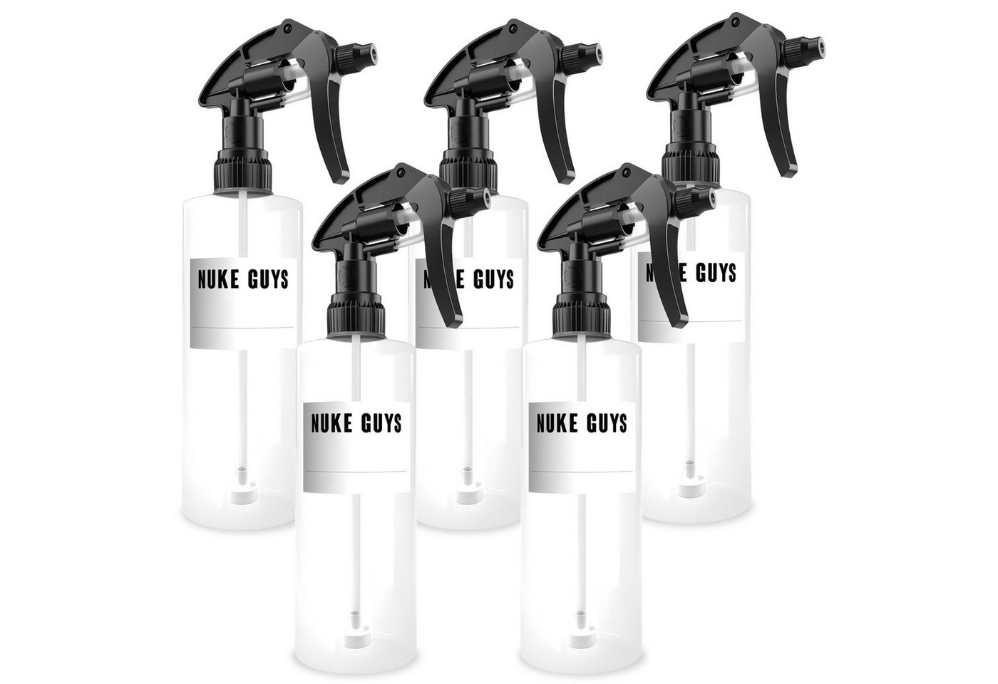 Nuke Guys Sprühflasche Leerflasche je 500ml mit Sprühkopf, Transparent - Kunststoff + Etikett, (5-tlg), Chemiebeständig, PET Kunststoff, Ergonomisches Design von Nuke Guys