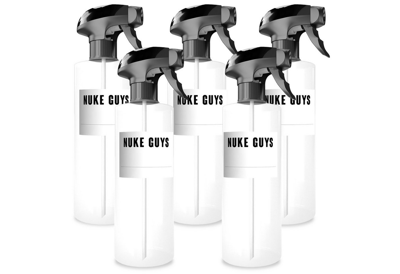 Nuke Guys Sprühflasche Leerflasche je 500ml mit Sprühkopf, Transparent - Kunststoff + Etikett, (5-tlg), Chemiebeständig, PET Kunststoff, Ergonomisches Design von Nuke Guys