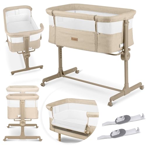 Nukido Babybett Beistellbett Reisebett - Bis 9 kg 5 Monate - Mit Matratze - Klappbar - Auf Rollen - Höhenverstellbar - Beige von Nukido