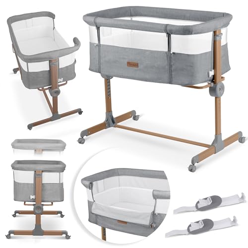 Nukido Babybett Beistellbett Reisebett - Bis 9 kg 5 Monate - Mit Matratze - Klappbar - Auf Rollen - Höhenverstellbar - Grau Braun von Nukido