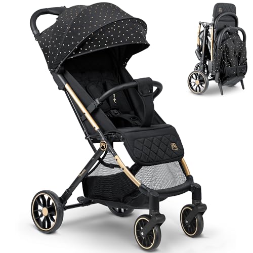 Nukido Kinder Wagen Kinderwagen Babywagen Bis 15 kg Große Räder Sitzbuggy Buggy Zusammenklappbar Handgepäck Leicht Verstellbare Rückenlehne Schwarz Gold von Nukido