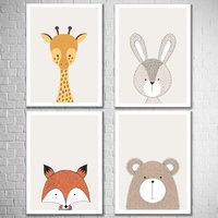 4Er Set Kunstdruck A4 Tiere Giraffe Fuchs Hase Bär Deko Poster Kinderzimmer Bilder Bild von NukularDesign