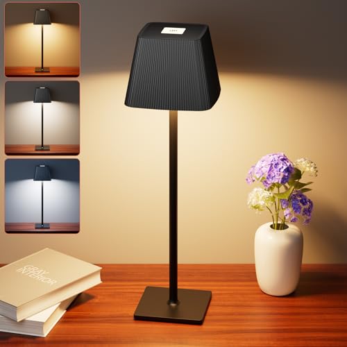 Nulmvic Tischlampe Kabellos Dimmbare Touch LED Akku Tischlampe Höhenverstellbar 3 Farbtemperatur 5200mAh Wiederaufladbar USB-C Metallmaterial IP54 für Drinnen Draußen Restaurant Schlafzimmer (Schwarz) von Nulmvic