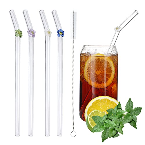 Strohhalme Glas Transparent Blume Glasstrohalme Wiederverwendbare 4er Set Glastrinkhalme mit 1 Reinigungsbürsten Trinkhalme Glas Bunt Blume Glasstrohhalme für Cocktails Smoothie und Säfte Länge 20cm von Nuluxi