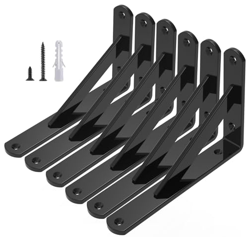6er-Set Stabile Dreieckige Regalhalterungen aus Stahl (255 x 150mm) in Schwarz - Metall Schwerlast Regalwinkel Winkelträger mit Befestigung, 25.5 x 15cm Regalträger von NumRise