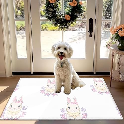 Nunubee Cute Bunny Rabbit Floral Fußmatte - rutschfest Saugfähig Teppich für Haustür, Flur, Küche von Nunubee