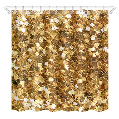 Nunubee Duschvorhang 180 x 180 cm Bedruckt Anti-Schimmel und Wasserabweisend Waschbar Shower Curtain mit 12 Ringe, Goldener Glitzer von Nunubee