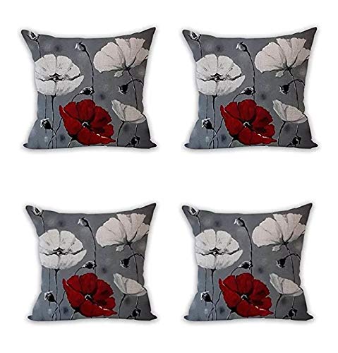 Nunubee Set mit 4 Kissenbezügen, Dekoration für Sofa, skandinavisches Sofa, Deko, weiße Blumen, Rot, Grau, 45 x 45 cm von Nunubee