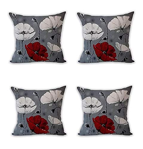 Nunubee Set mit 4 Kissenbezügen, dekorativ, für Sofa, skandinavische Deko, weiße Blumen, rot, grau, 45 x 45 cm von Nunubee