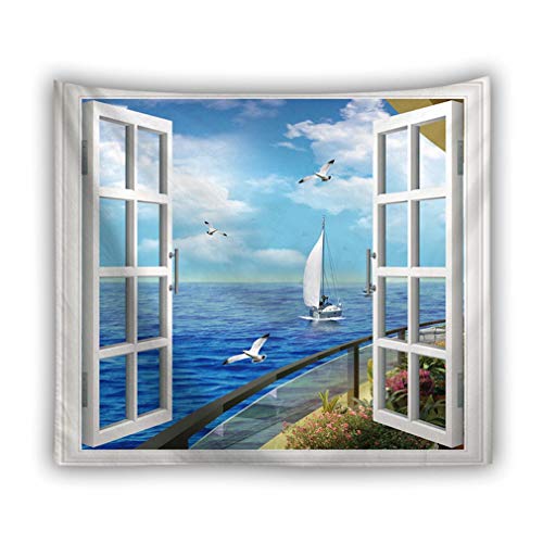 Nunubee Tapisserie Wandteppich 3D WANDILLUSION Wandbild Fototapete Poster Fensterblick Windows-Landschaft Wandteppich Panorama Bilder Dekoration Meer Strand Dünen Wald(Art 4-130 * 150cm） von Nunubee